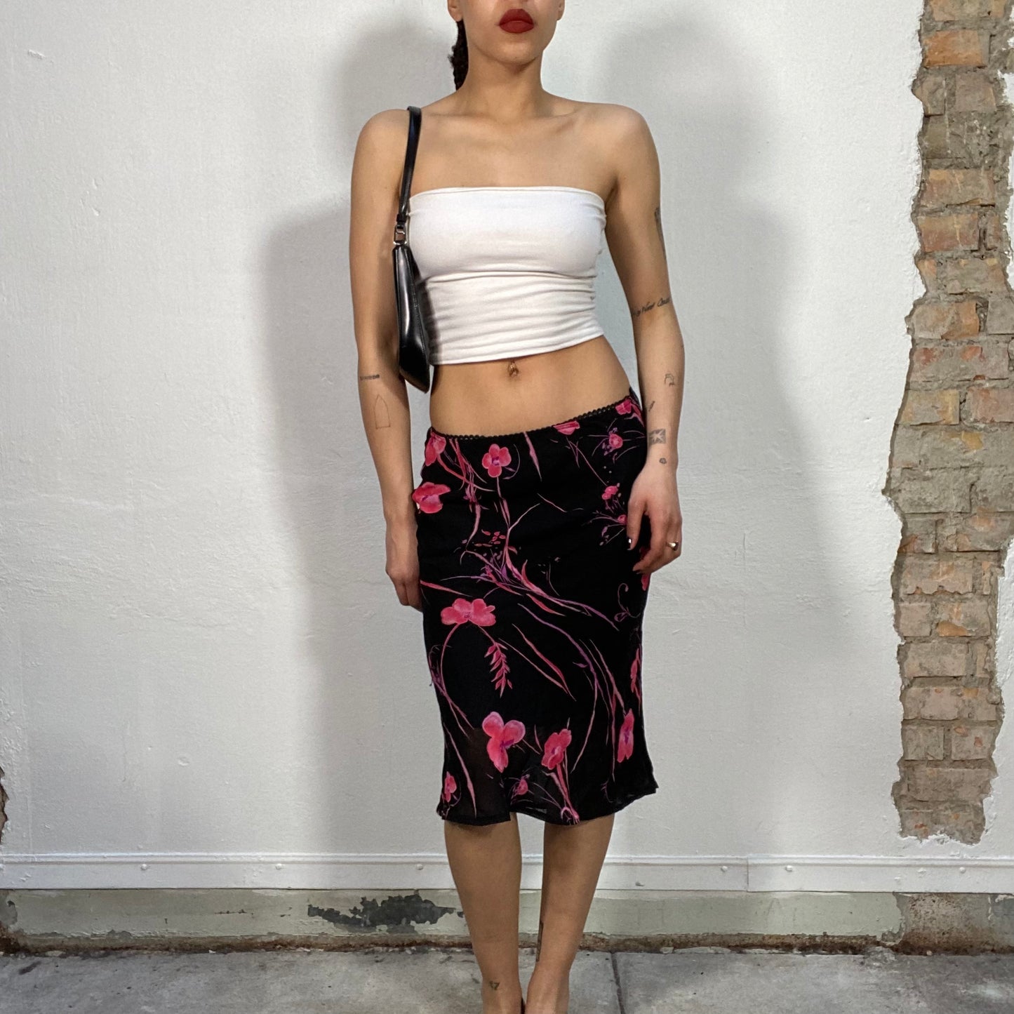 Vintage 2000's Downtown Girl Black Mesh Midi Skirt with Pink Flower Print (S/M)