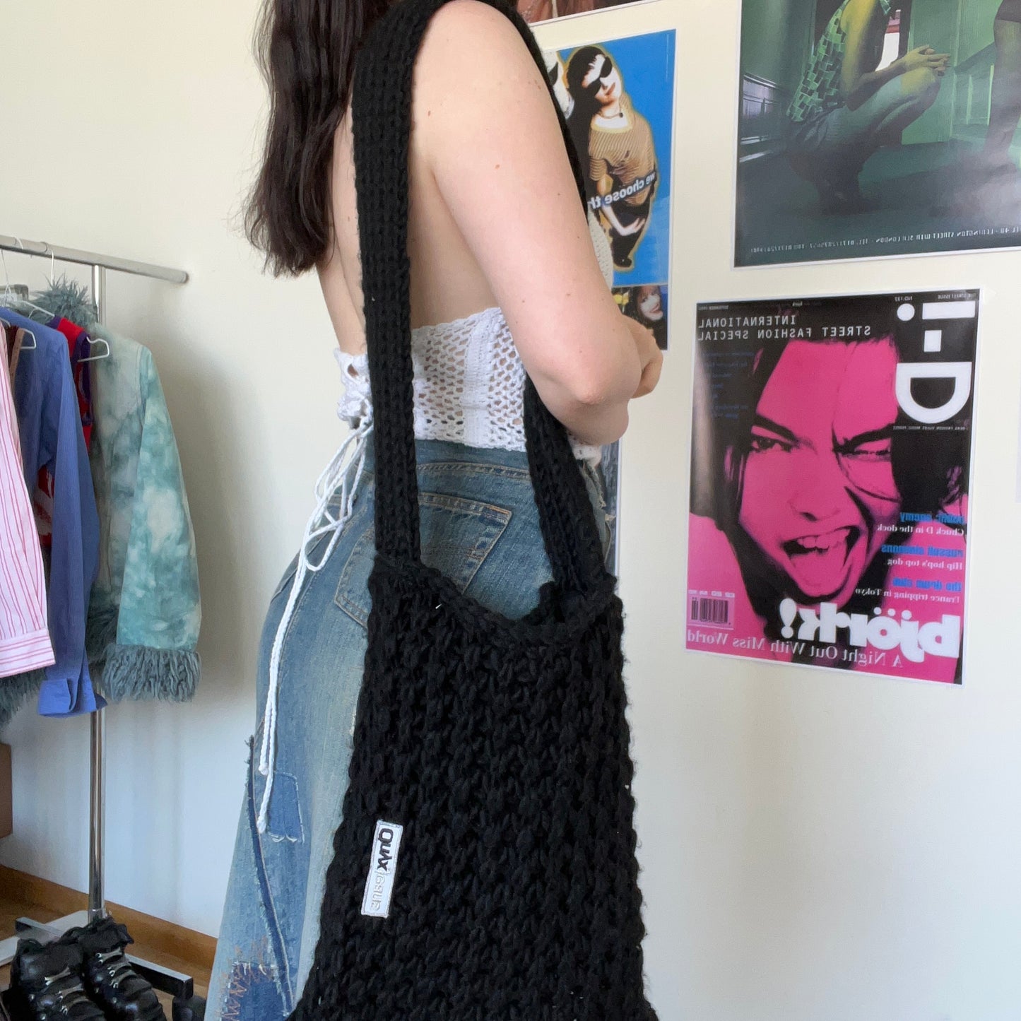 Vintage 90’s Grunge Hippie Black Crochet Knit Crossbody Bag