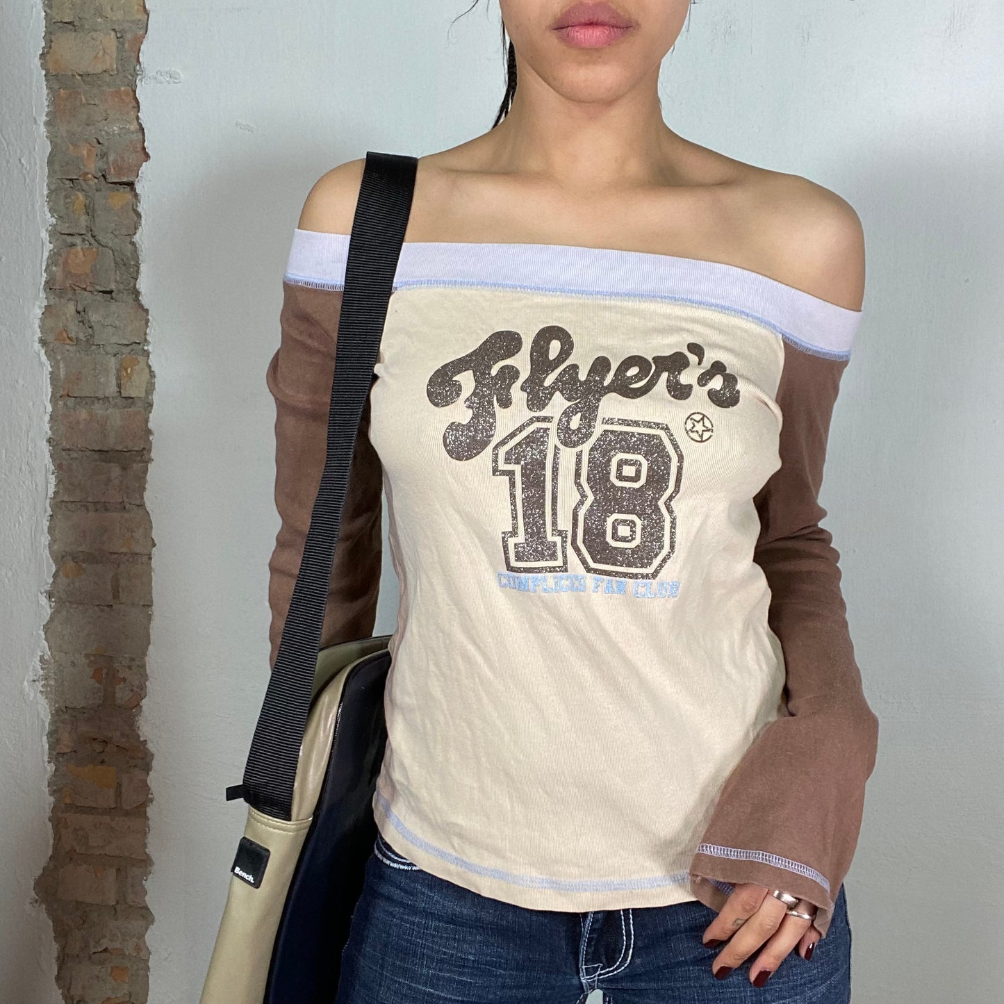 Vintage 2000's Sporty Beige, Brown and Blue Off Shoulder Sweater with 'Flyer's 18' Print (S)