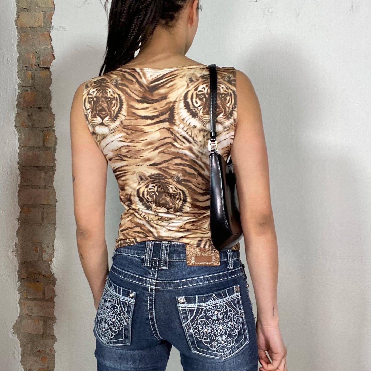 Vintage 2000's Downtown Girl Tiger Print High Neck Top (S/M)