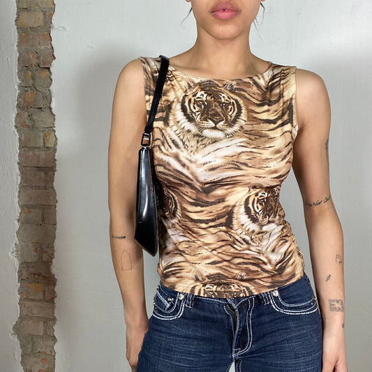 Vintage 2000's Downtown Girl Tiger Print High Neck Top (S/M)