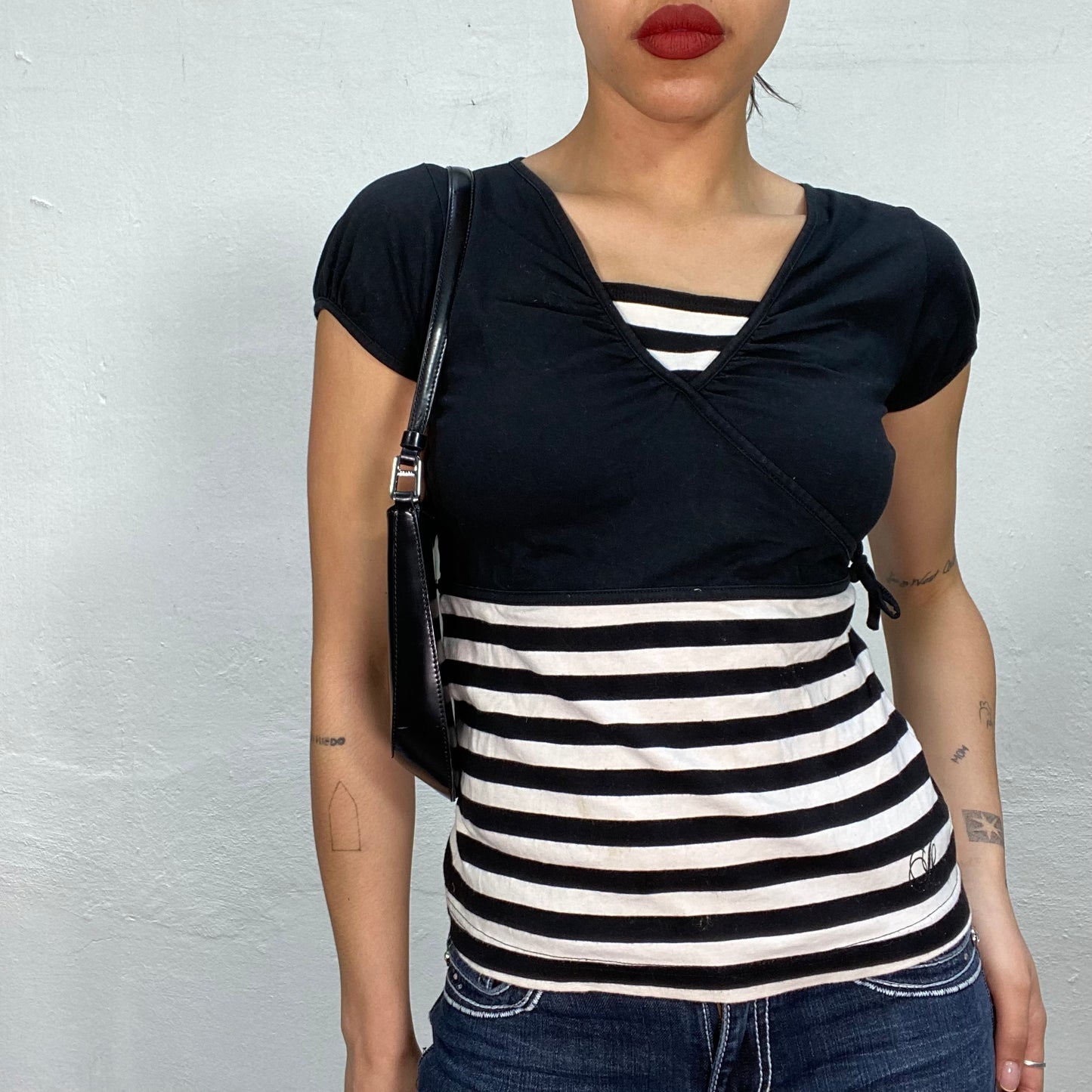 Vintage 2000's Punky black and White Striped Shirt with Wrap Detail (S)