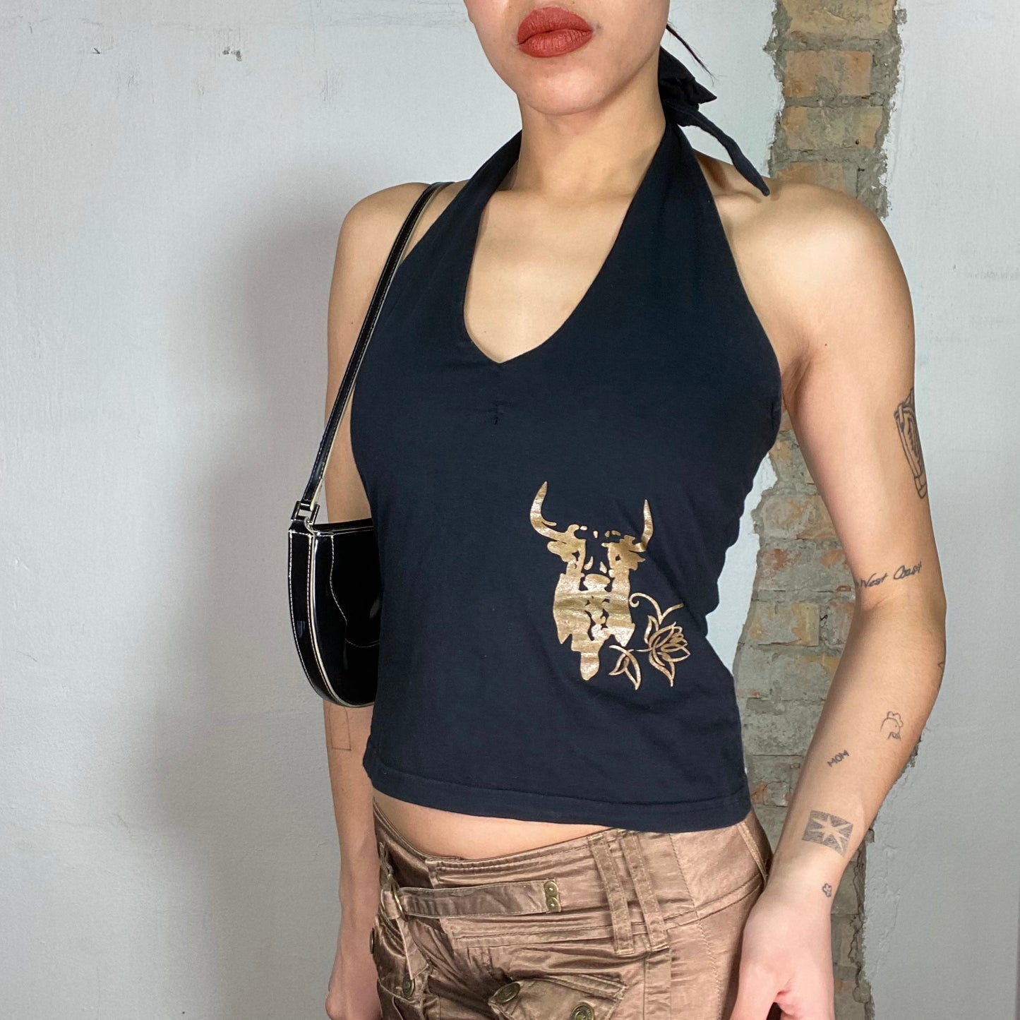 Vintage 2000's Downtown Girl Black Halter Neck To with Gold Bull Head Print (S)