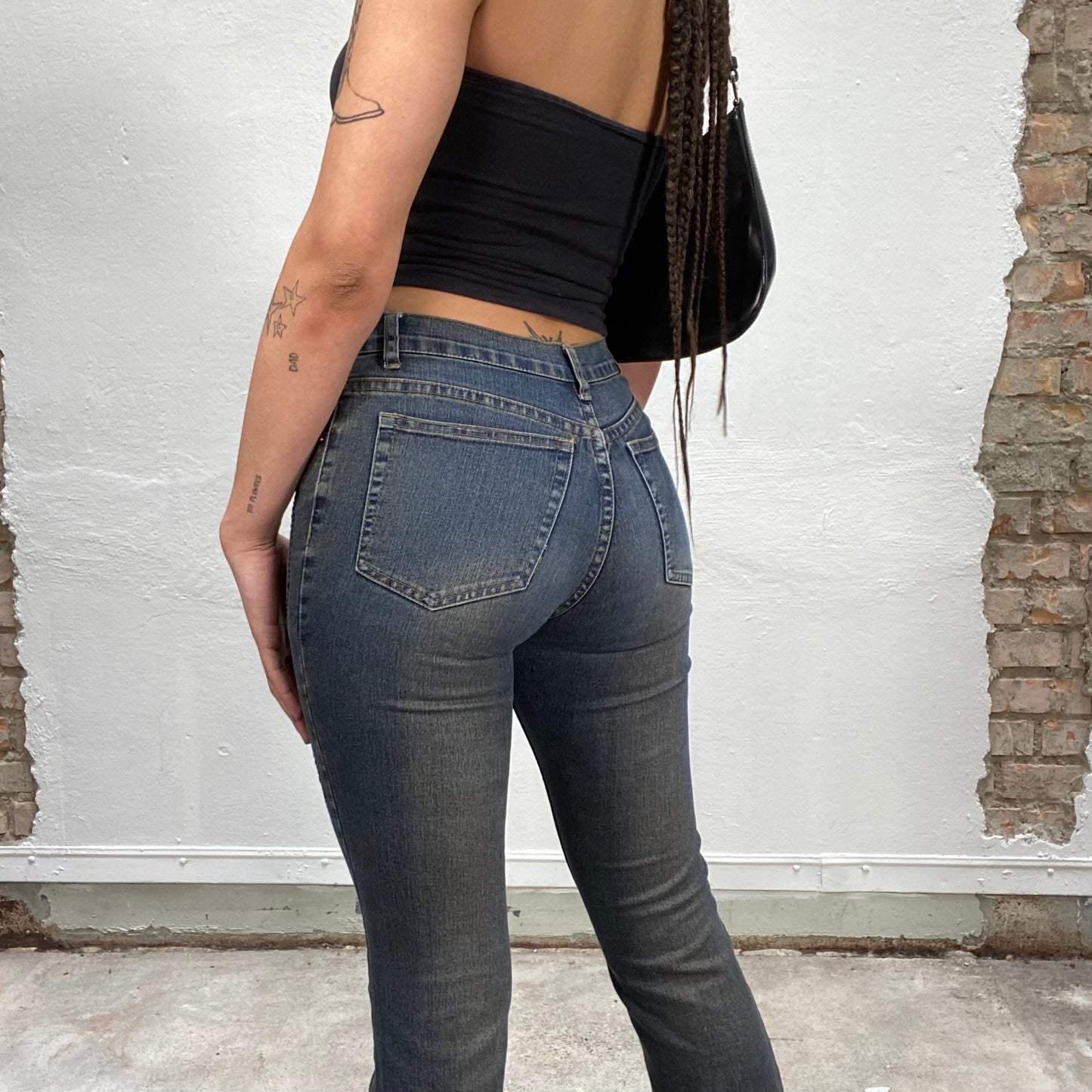 Vintage 2000's Indie Dark Wash Flared Jeans with Red Velvet Print (S)