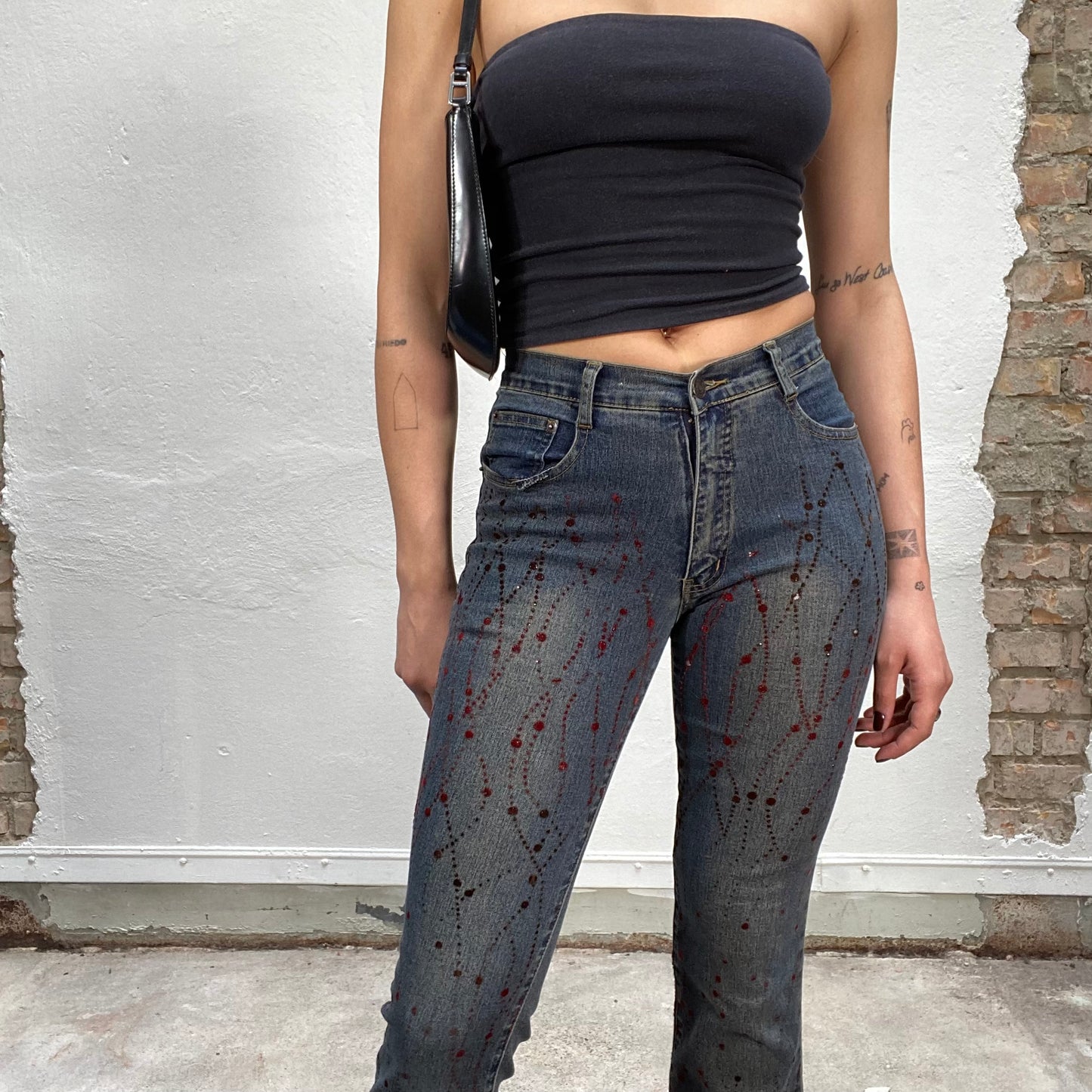 Vintage 2000's Indie Dark Wash Flared Jeans with Red Velvet Print (S)