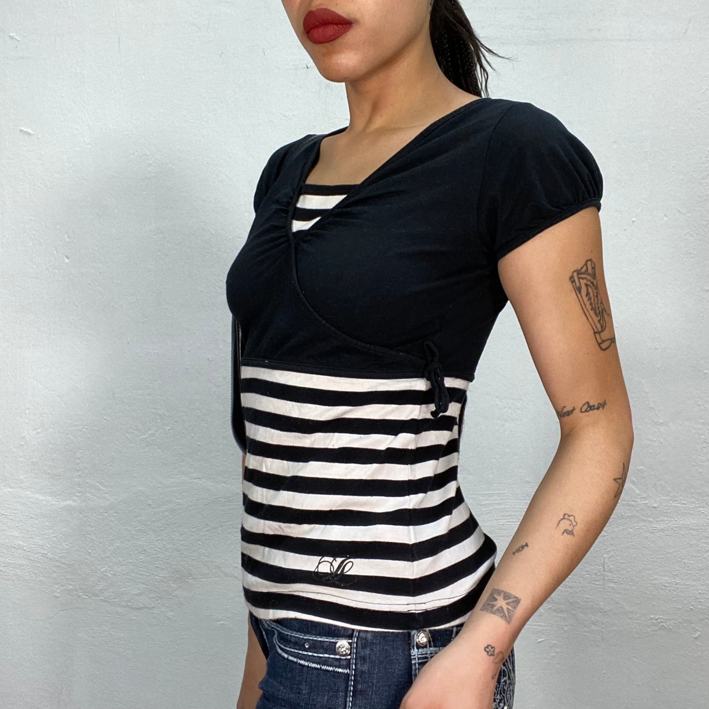 Vintage 2000's Punky black and White Striped Shirt with Wrap Detail (S)