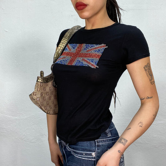 Vintage 2000's Downtown Girl Black Shirt with Rhinestone UK Flag Print (S)