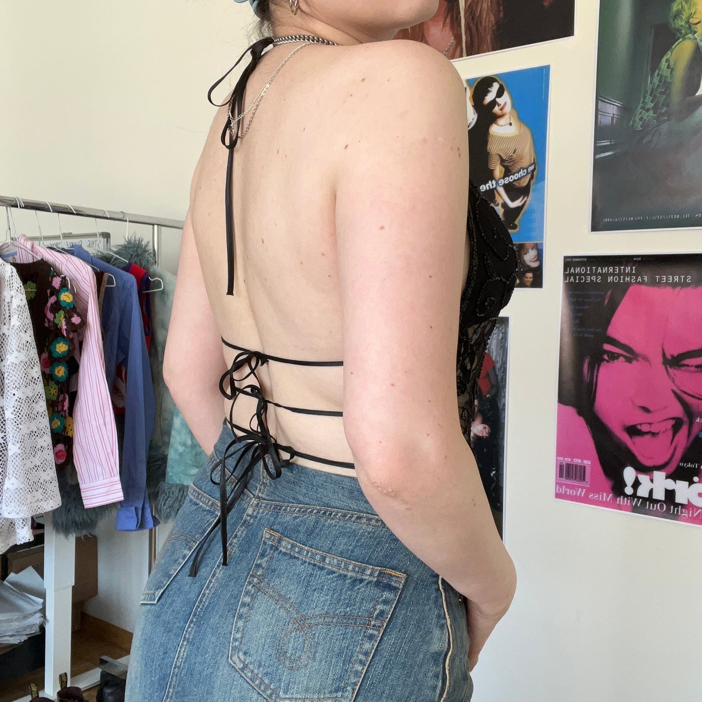 Vintage 90’s Festival Backless Black Embroidered Top (S)