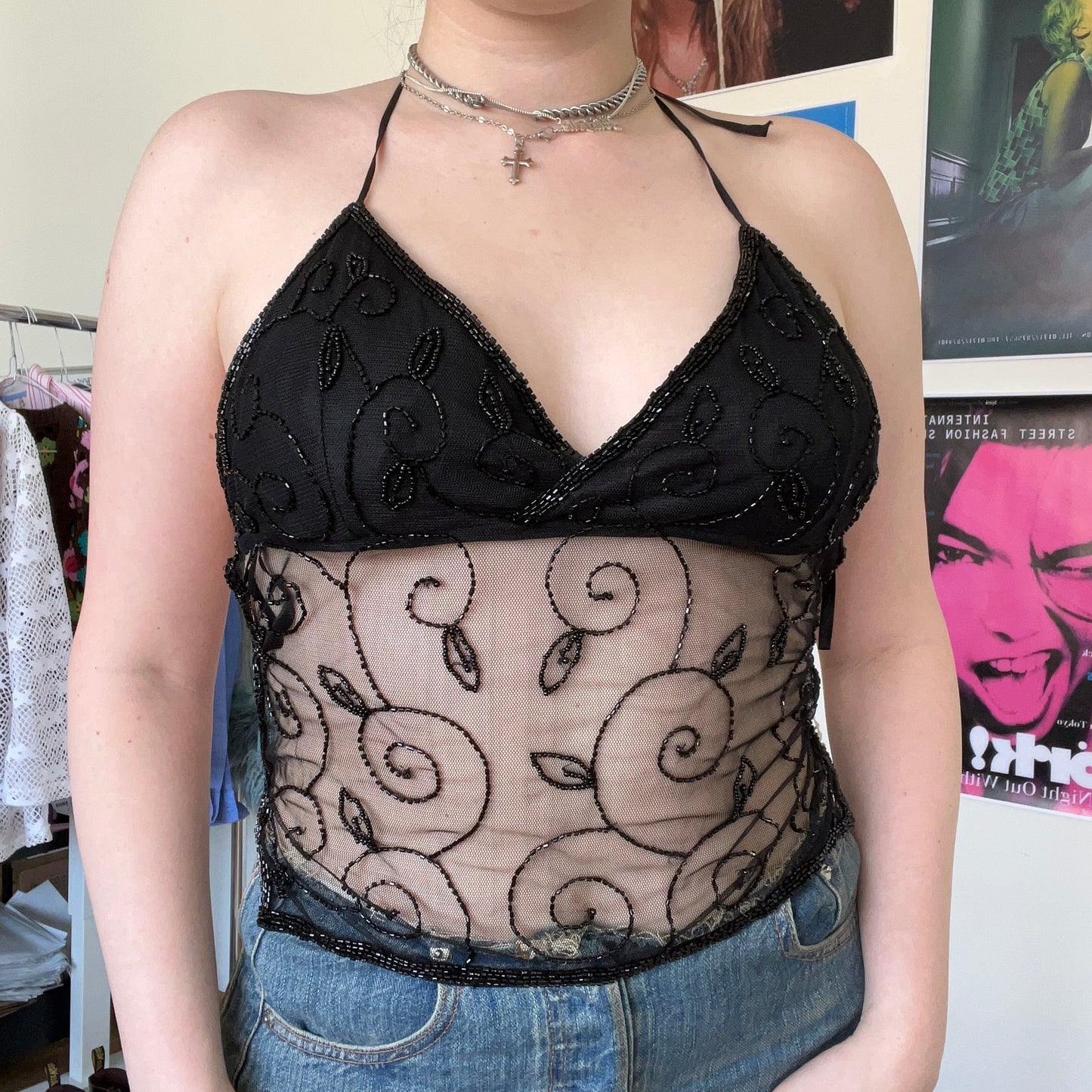 Vintage 90’s Festival Backless Black Embroidered Top (S)