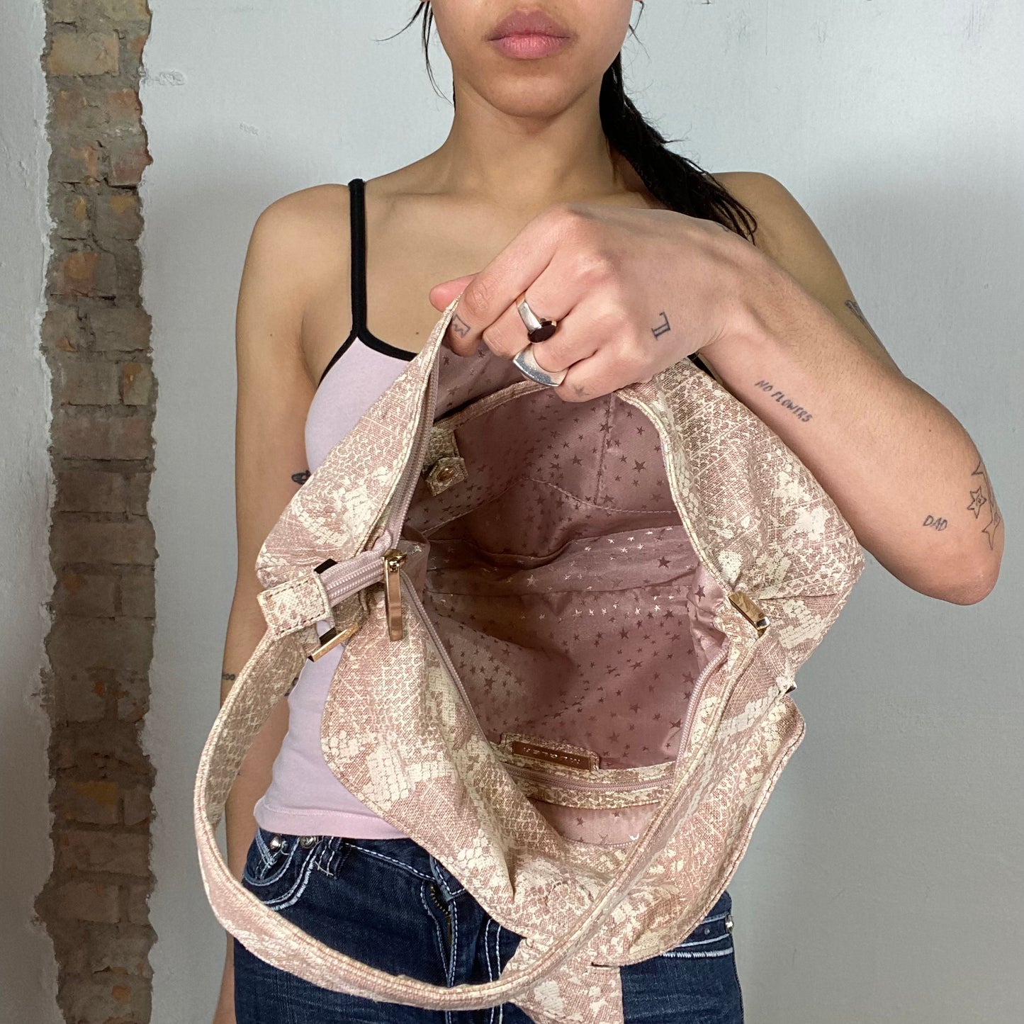 Vintage 2000's Streetwear Light Pink and Beige Denim Mugler Shoulder Bag