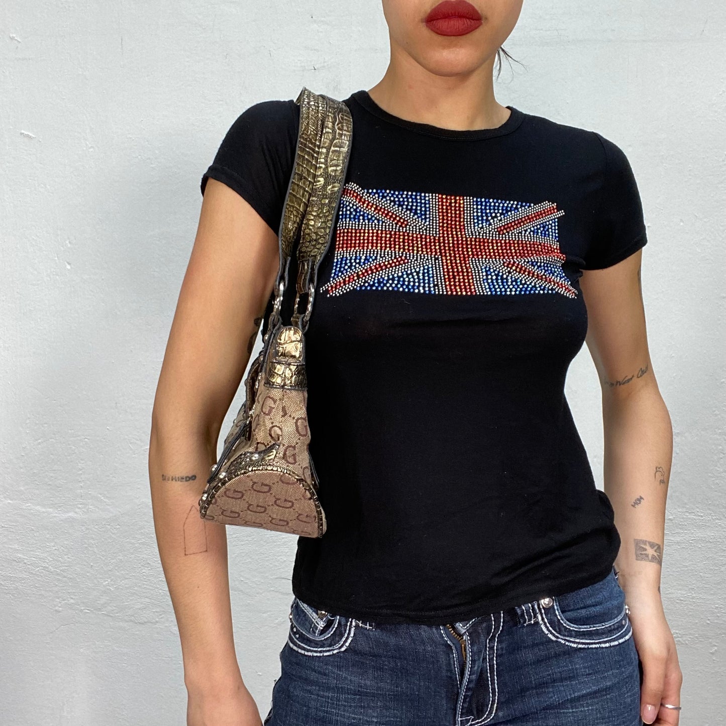 Vintage 2000's Downtown Girl Black Shirt with Rhinestone UK Flag Print (S)