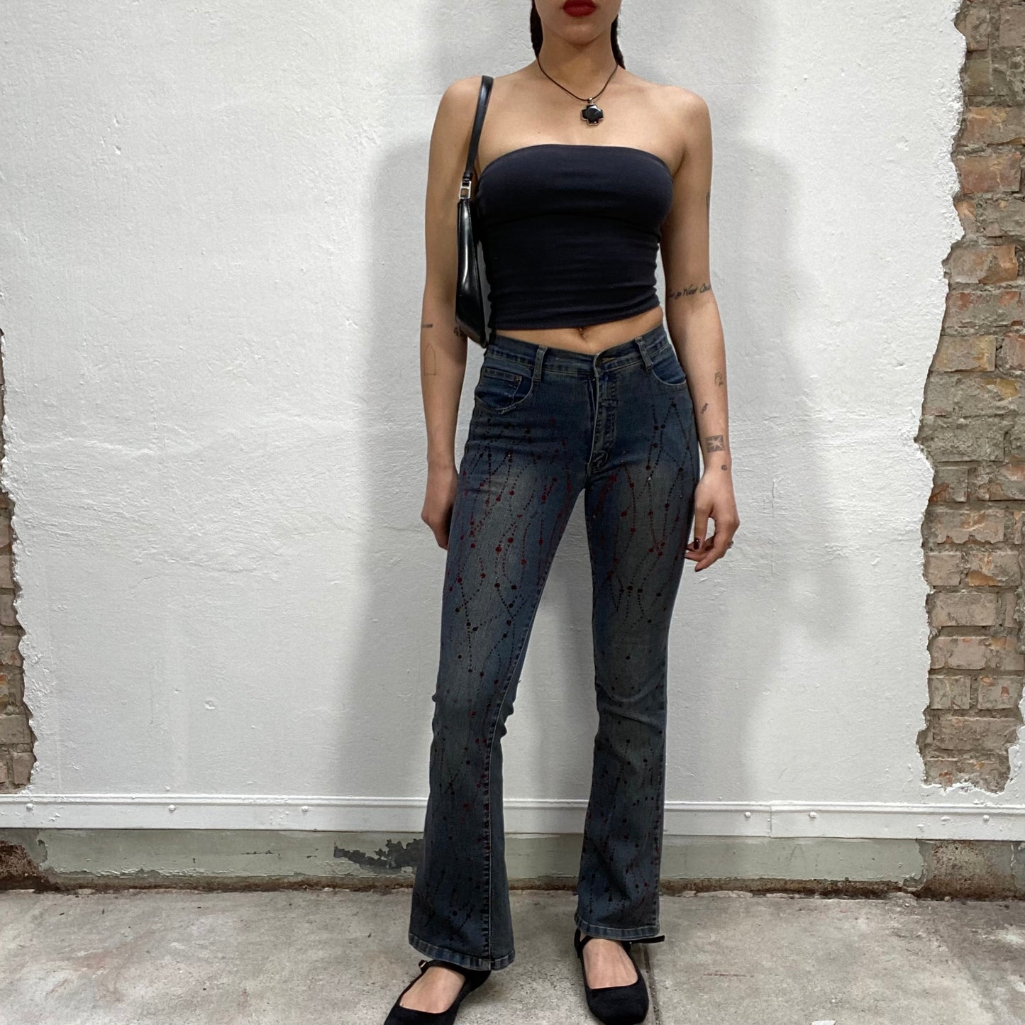 Vintage 2000's Indie Dark Wash Flared Jeans with Red Velvet Print (S)