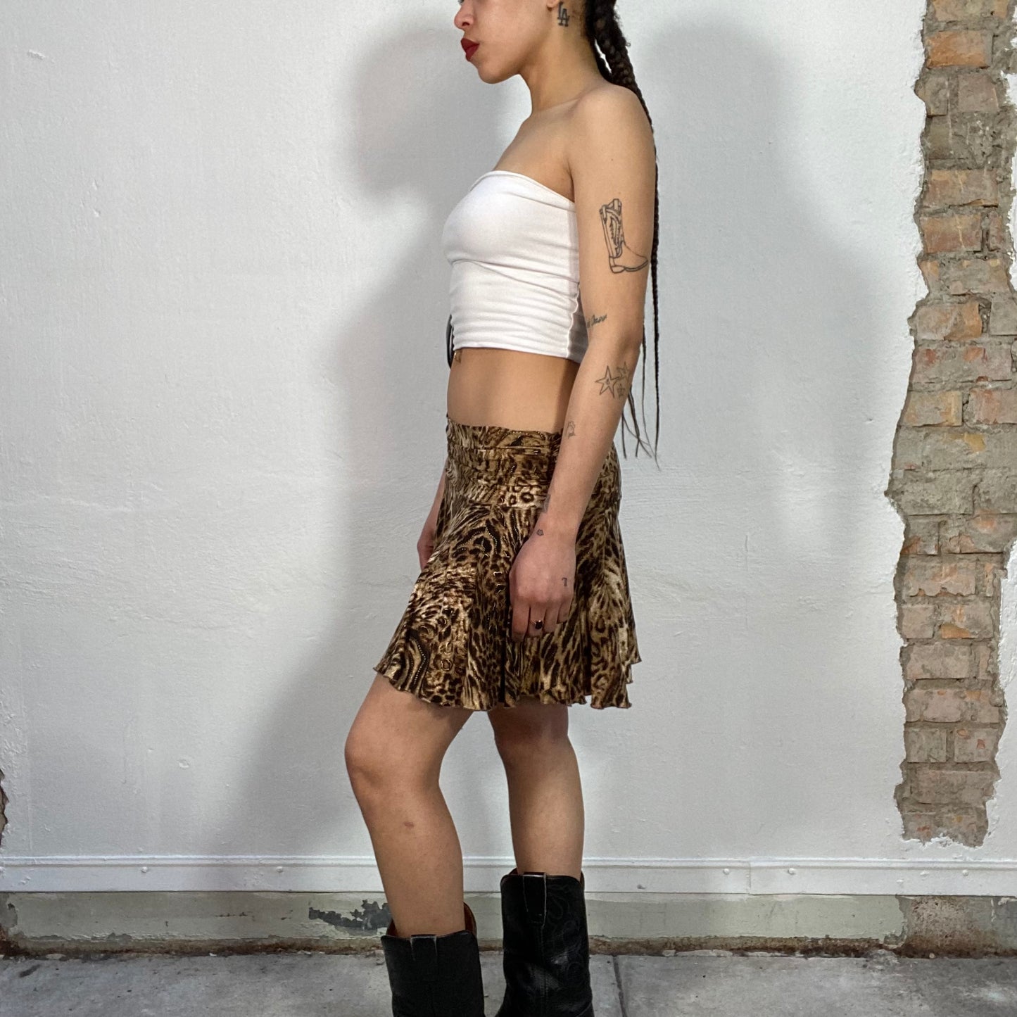 Vintage 2000's Funky Leo Print Glittery Flowy Mini Skirt (S/M)