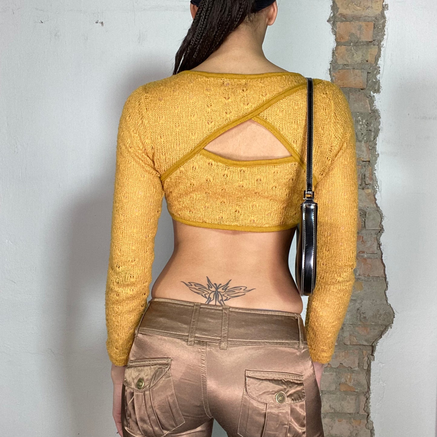 Vintage 90's Downtown Girl Yellow Knit Bolero with Cutout Back Detail (S)