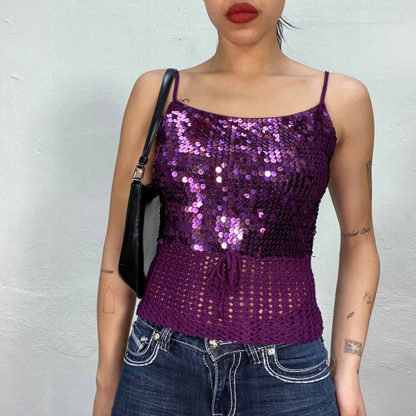 Vintage 2000's Festival Purple Crochet Sequin Top with Waist Band (S)