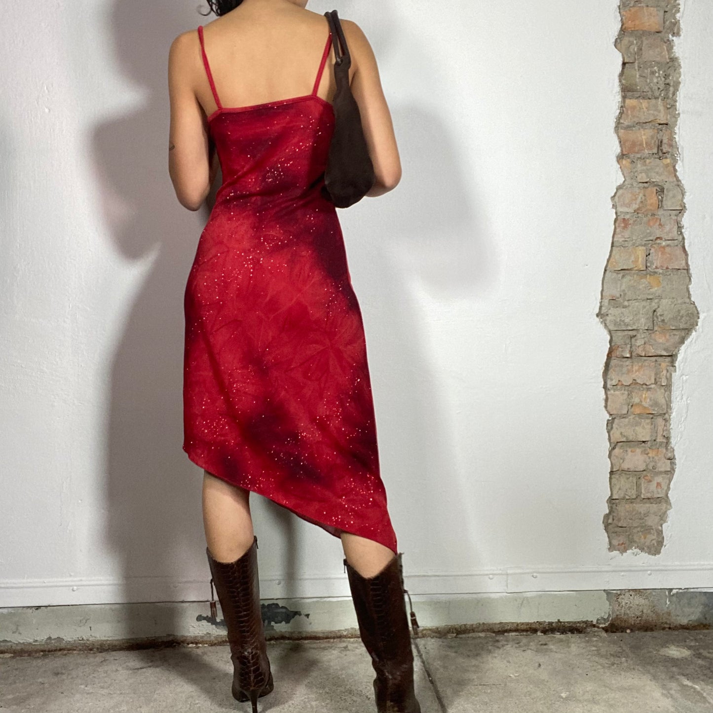 Vintage 2000's Nigh Out Red Batik and Sparkly Asymmetrical Dress (S)