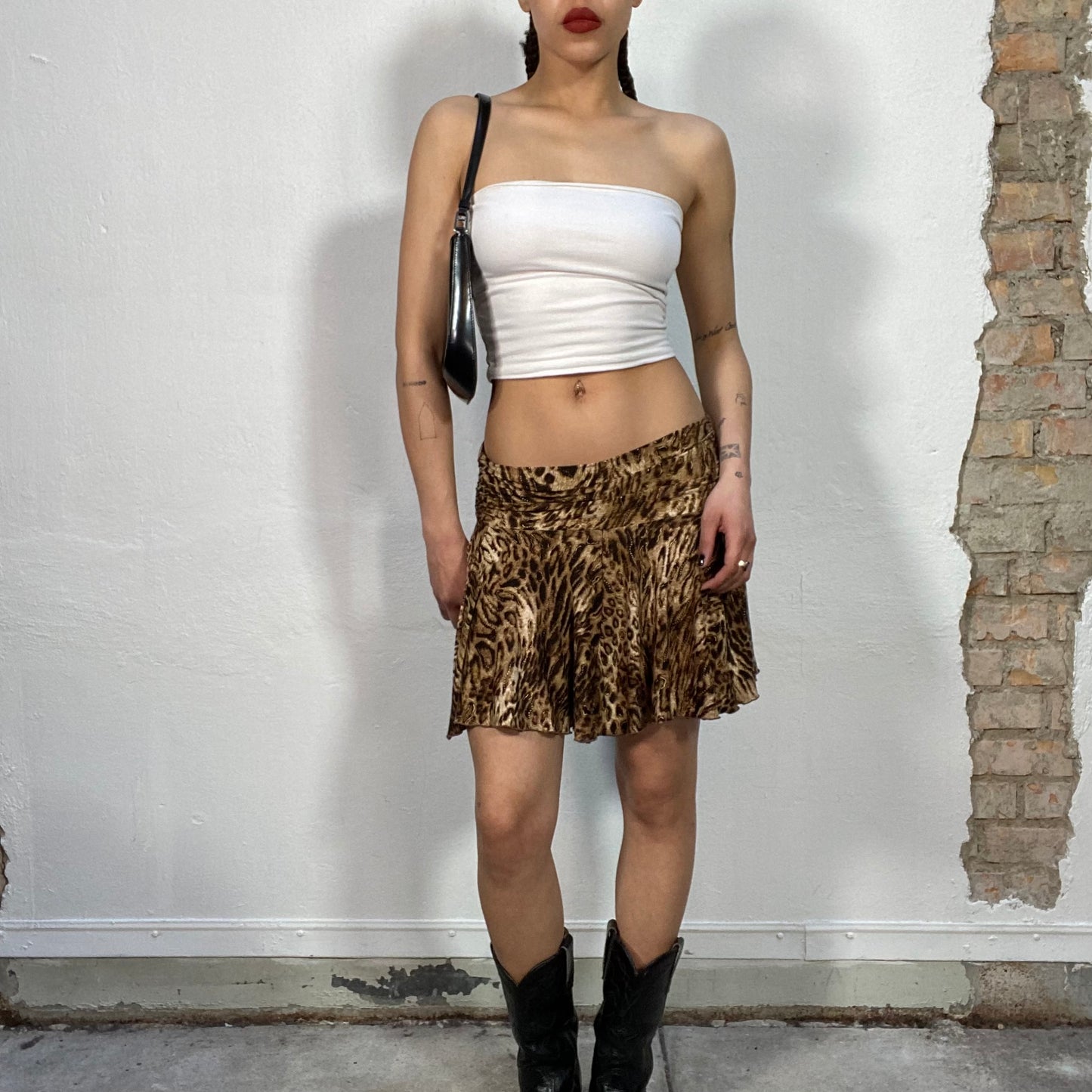 Vintage 2000's Funky Leo Print Glittery Flowy Mini Skirt (S/M)