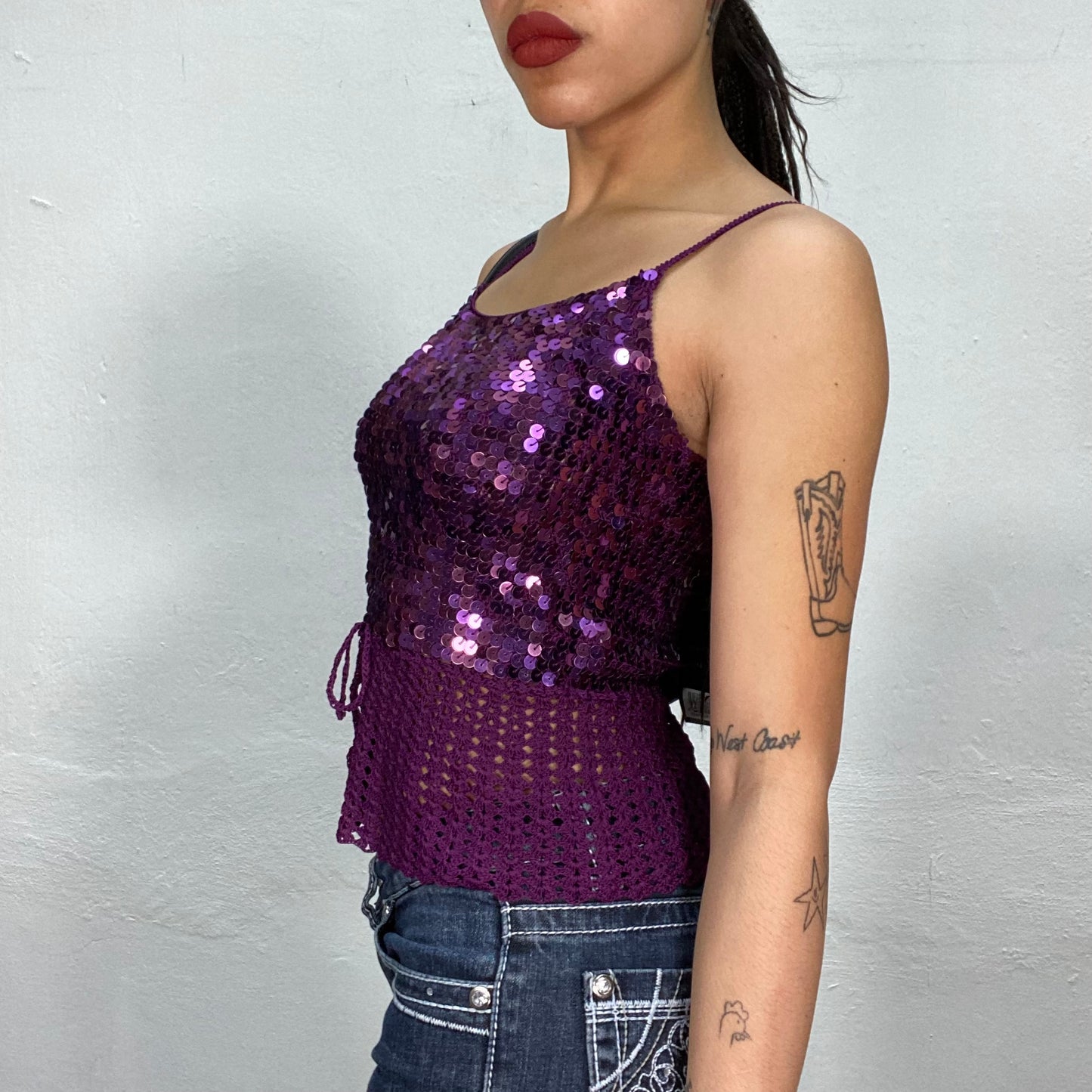 Vintage 2000's Festival Purple Crochet Sequin Top with Waist Band (S)