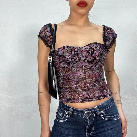 Vintage 90's Model Off Duty Corset Top with Circle Embroidery (S)