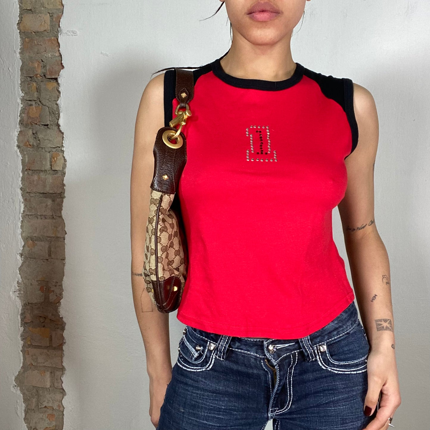 Vintage 2000's Sporty Red Top with Studded '1' Print (S)