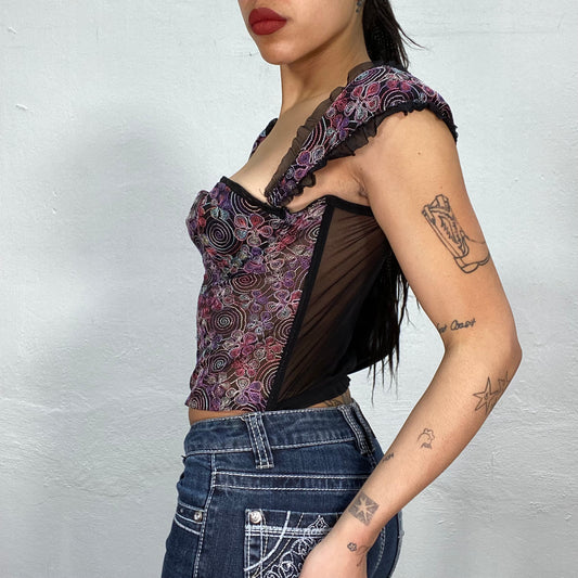 Vintage 90's Model Off Duty Corset Top with Circle Embroidery (S)