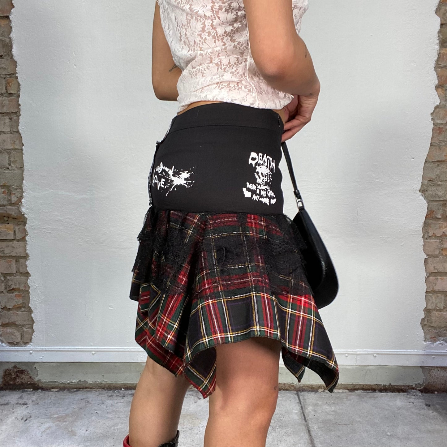 Vintage 2000's Punky Black Mini Skirt with Funky Red Plaid Bottom (S)