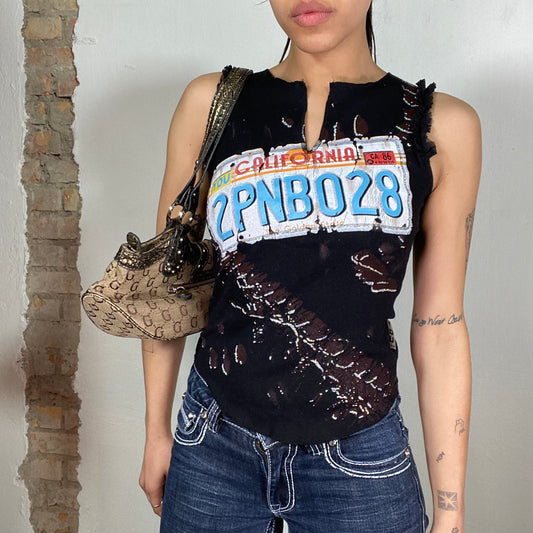 Vintage 2000's Grunge Black Top with License Plate Print and Ruffle Details (S)