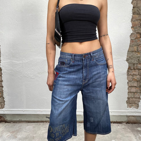 Vintage 2000's Streetstyle G-Unit Dark Wash Denim Jorts with Embroidery Details (M)