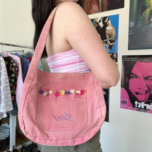 Vintage Y2K Summer Pink Cord Shoulder Bag with Flower Details