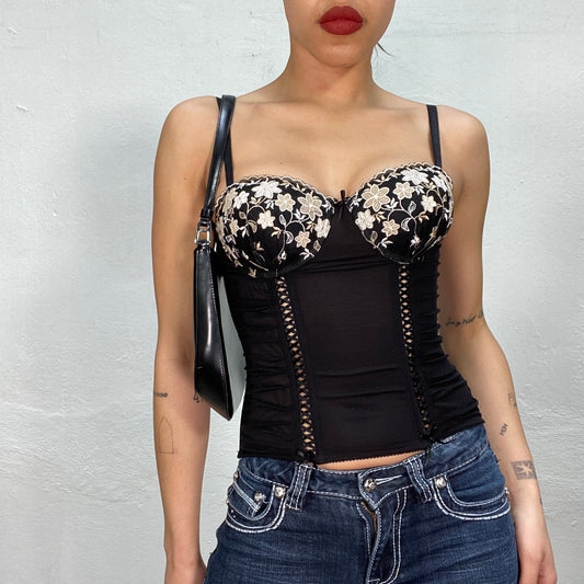 Vintage 2000's Lingerie Black Corset with Gold Floral Embroidery (S)