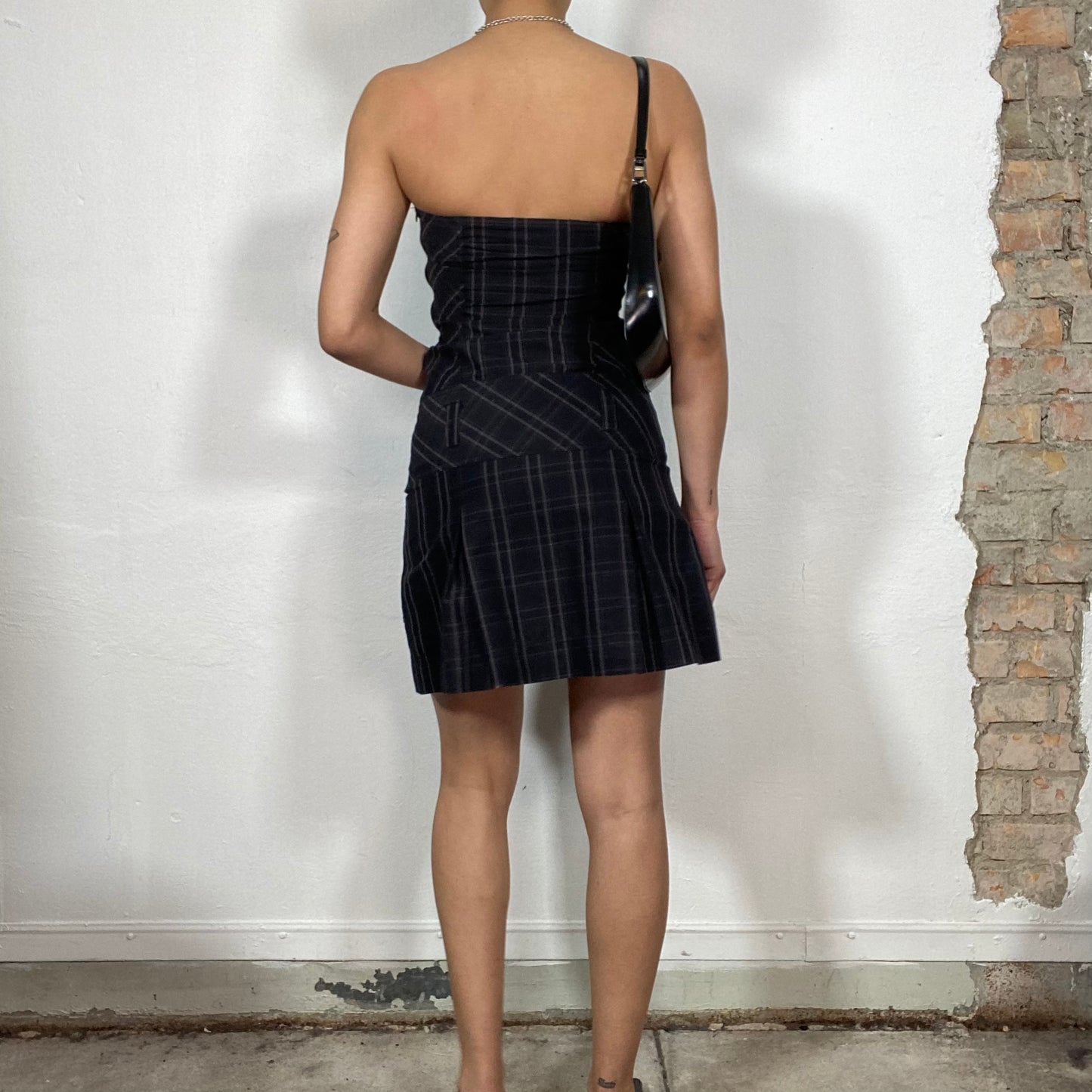 Vintage 2000's Gothic Black Plaid Strapless Dress with Button Details (S)