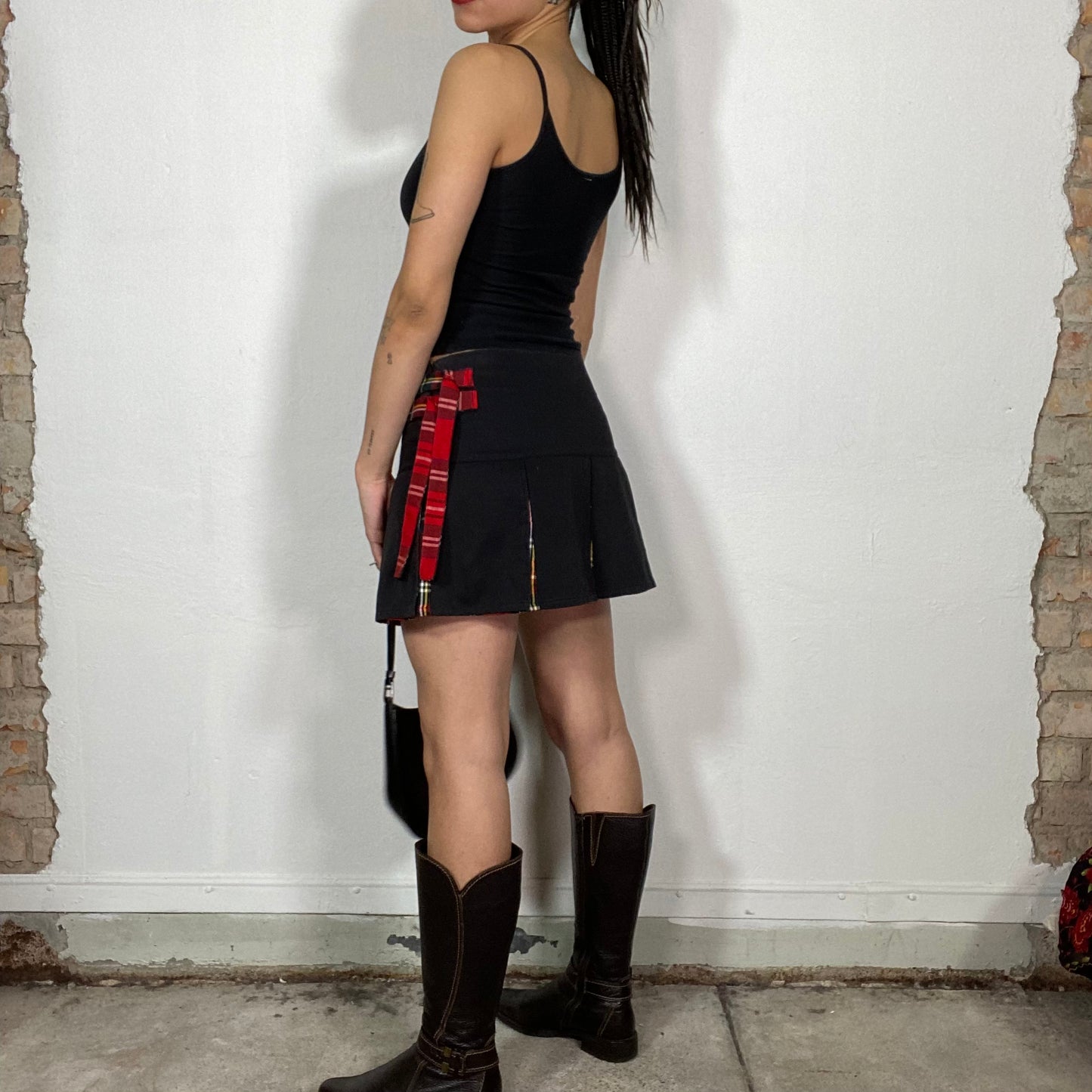 Vintage 2000's Punky Black Pleated Mini Skirt with Red Plaid Details (S)