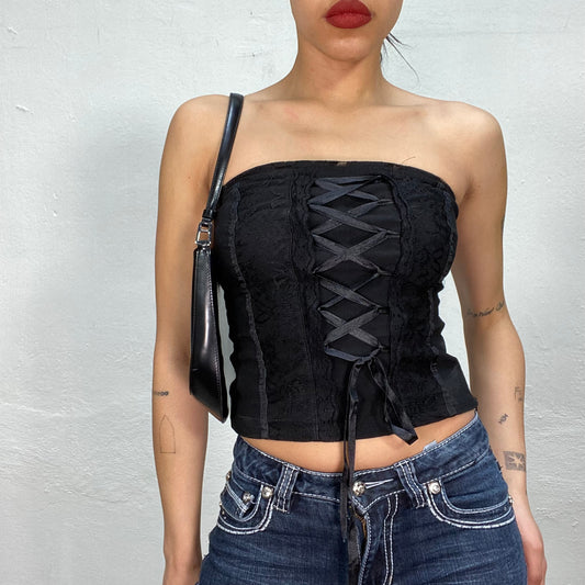 Vintage 2000's Gothic Black Lace Corset Top with Lace Up Details (S)