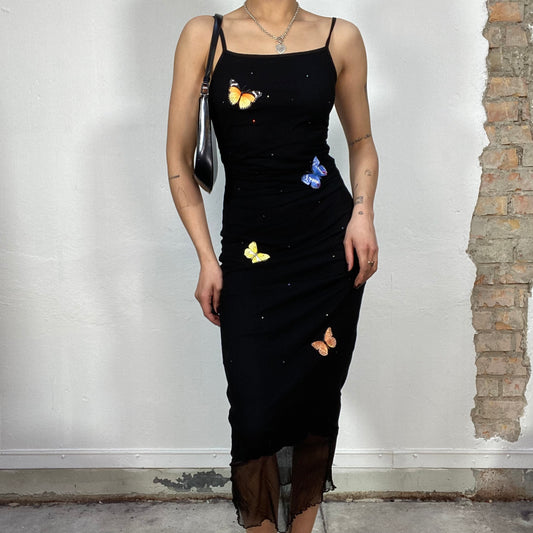 Vintage 2000's Romantic Black Maxi Dress with Butterfly Print (S)