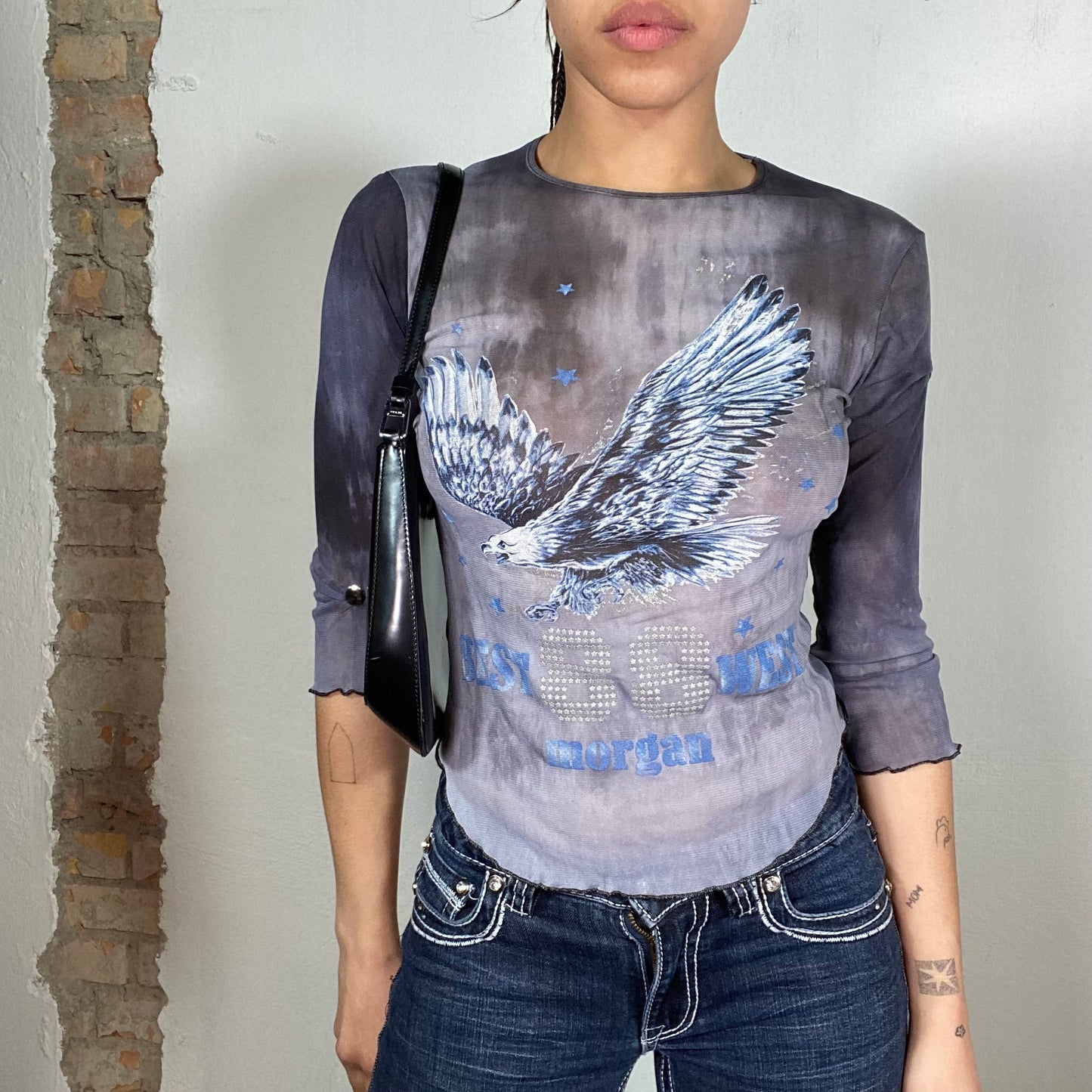 Vintage 2000's Morgan De Toi Grey Blue Mesh Midi Sleeve Top with  Eagle Print (S)