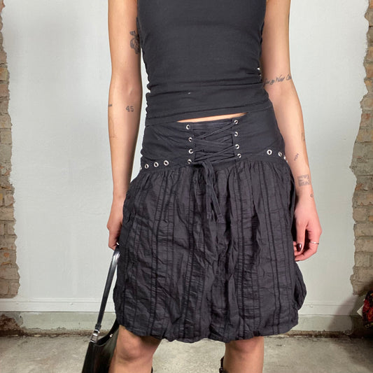 Vintage 2000's Gothic Black Mini Skirt with Eyelets and Lace Up Detail (S)