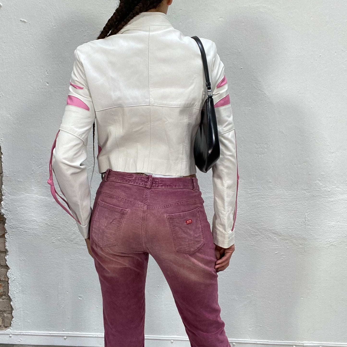 Vintage 2000's Bella Hadid White Leather Jacket with Pink Leather Details (S)