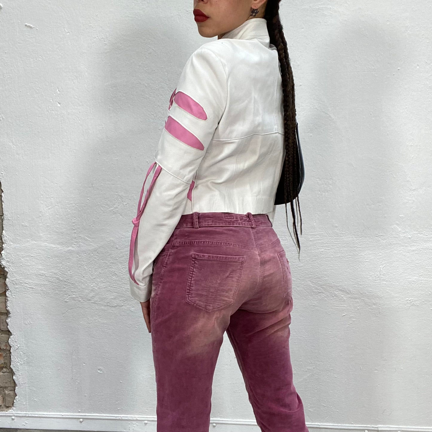 Vintage 2000's Bella Hadid White Leather Jacket with Pink Leather Details (S)