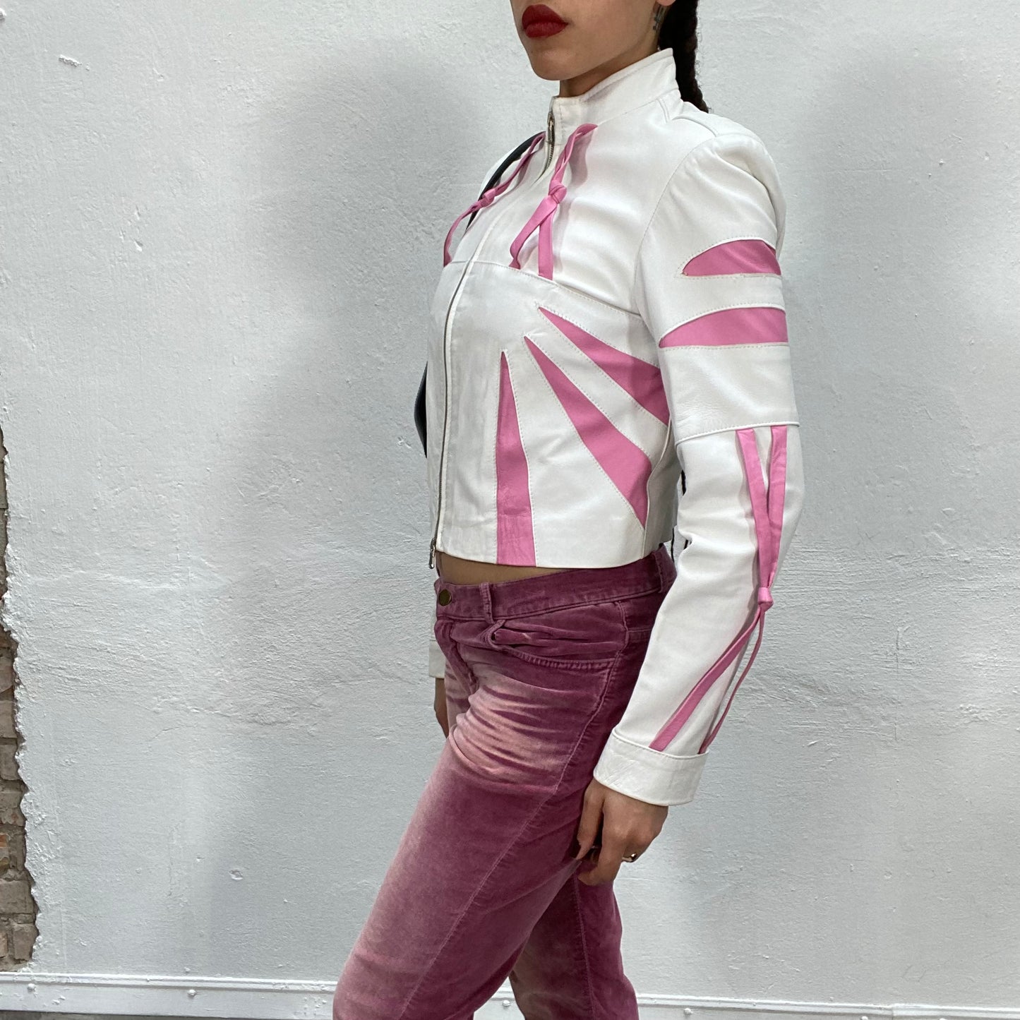 Vintage 2000's Bella Hadid White Leather Jacket with Pink Leather Details (S)