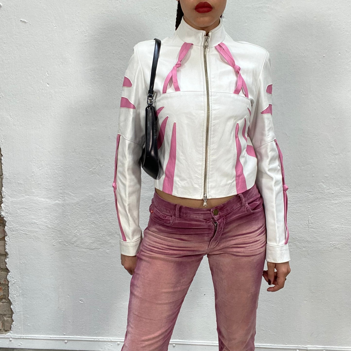 Vintage 2000's Bella Hadid White Leather Jacket with Pink Leather Details (S)