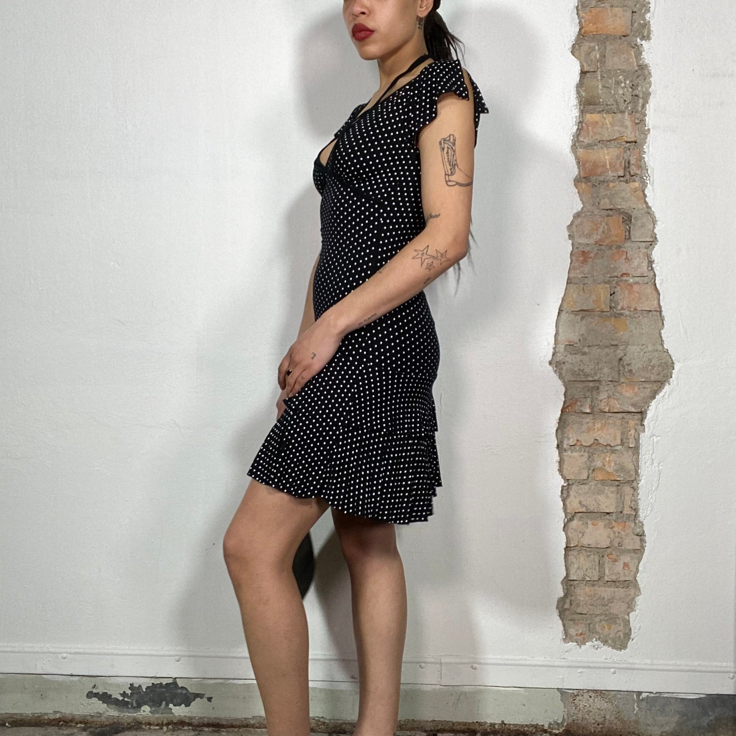 Vintage 2000's Downtown Girl Black Polkadot Dress with Halter Neck Detail (S)