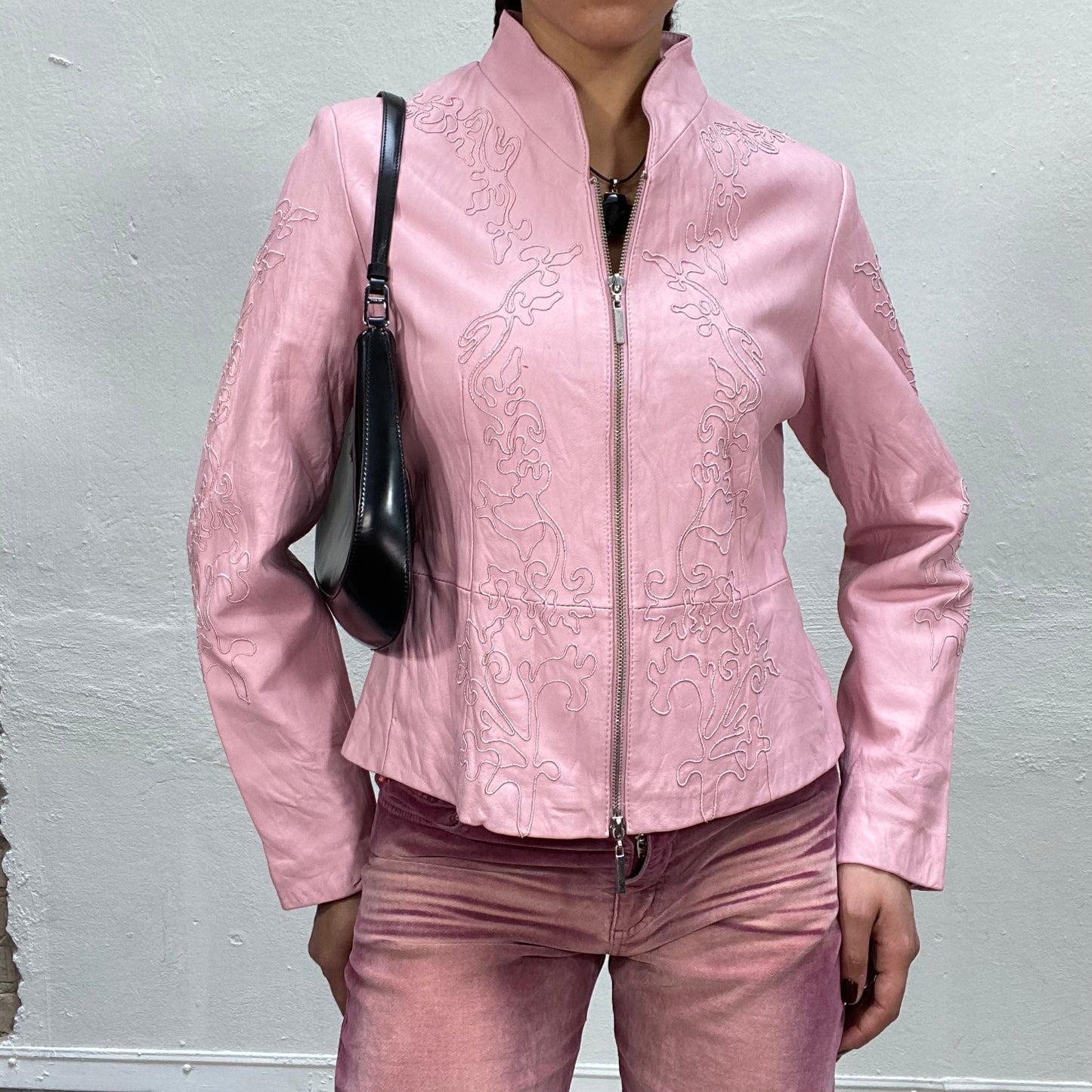 Vintage 2000's Funky Baby Pink Leather Jacket with Embroidery (S)