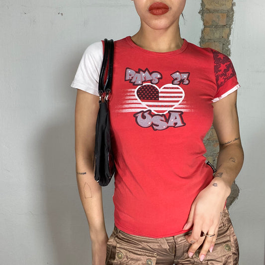 Vintage 2000's Funky Red Shirt with 'USA' Print (S/M)