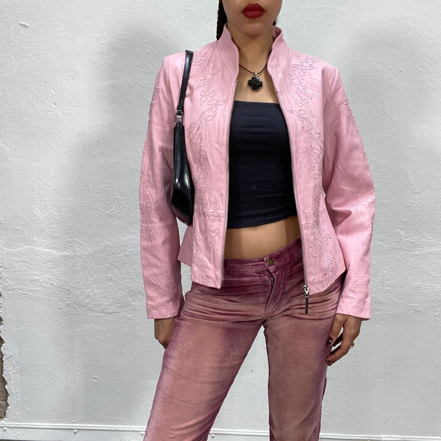 Vintage 2000's Funky Baby Pink Leather Jacket with Embroidery (S)