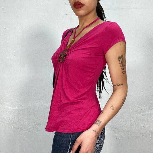 Vintage 90's Downtown Girl Magenta Shirt with Embroidery/Sequin and Halter Neck Detail (S/M)