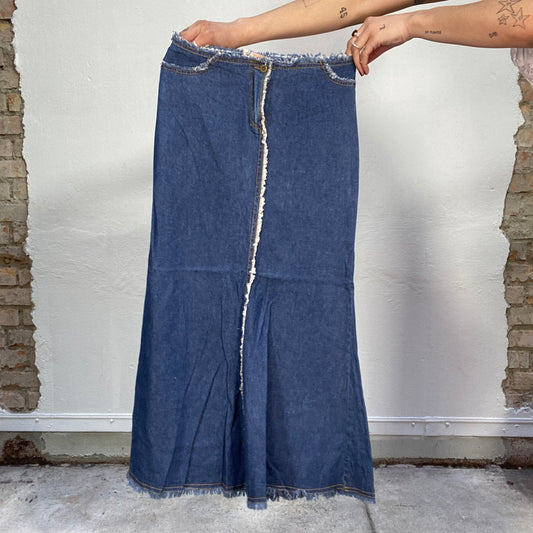 Vintage 90's Hippie Denim Maxi Skirt with Undone Hem (XS)