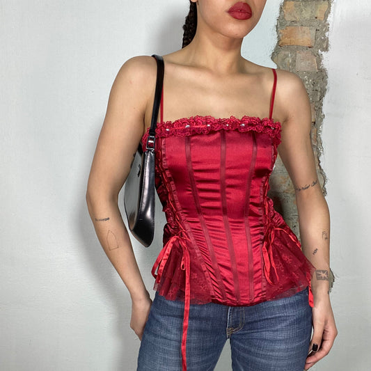 Vintage 2000's Renaissance Red Silky Corset Top with Lace Floral Details (S)