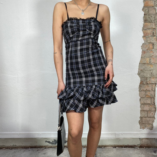 Vintage 90's Gothic Black Plaid Dress with Bow and Lace Detail (S)