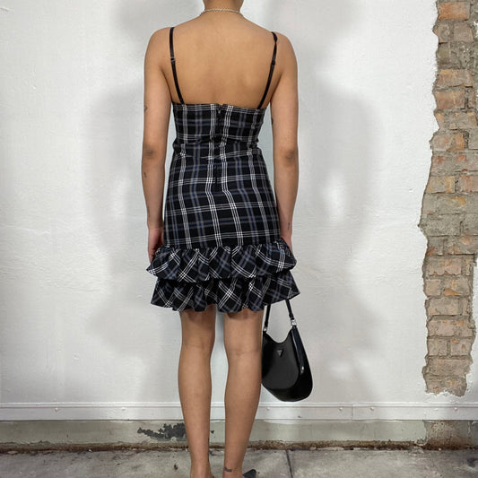 Vintage 90's Gothic Black Plaid Dress with Bow and Lace Detail (S)