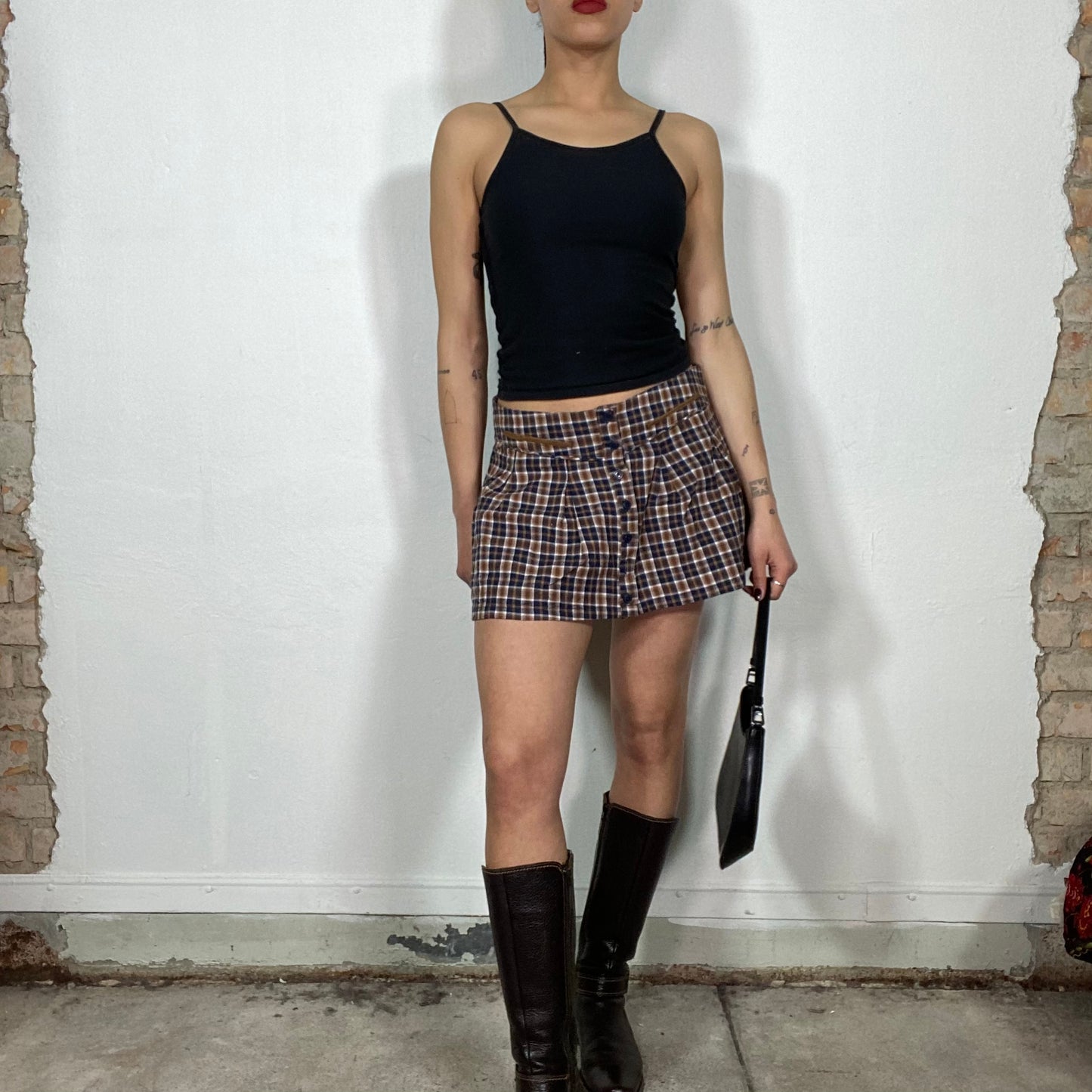 Vintage 90's Grunge Brown and Blue Plaid Mini Skirt (S/M)